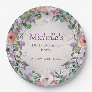 Pink Lilac Purple Watercolor Floral 100th Birthday Paper Plate