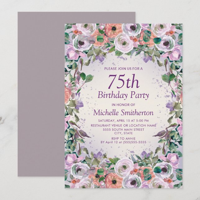 Pink Lilac Purple Watercolor Floral 75th Birthday Invitation (Front/Back)