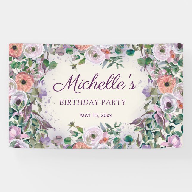 Pink Lilac Purple Watercolor Floral Birthday Banner (Horizontal)
