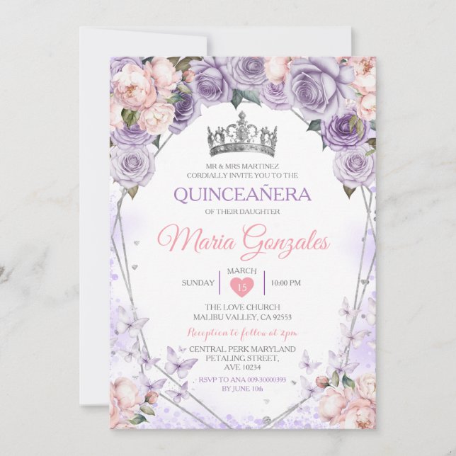 Pink Lilac Quinceañera Crown Mexican Butterfly Invitation (Front)