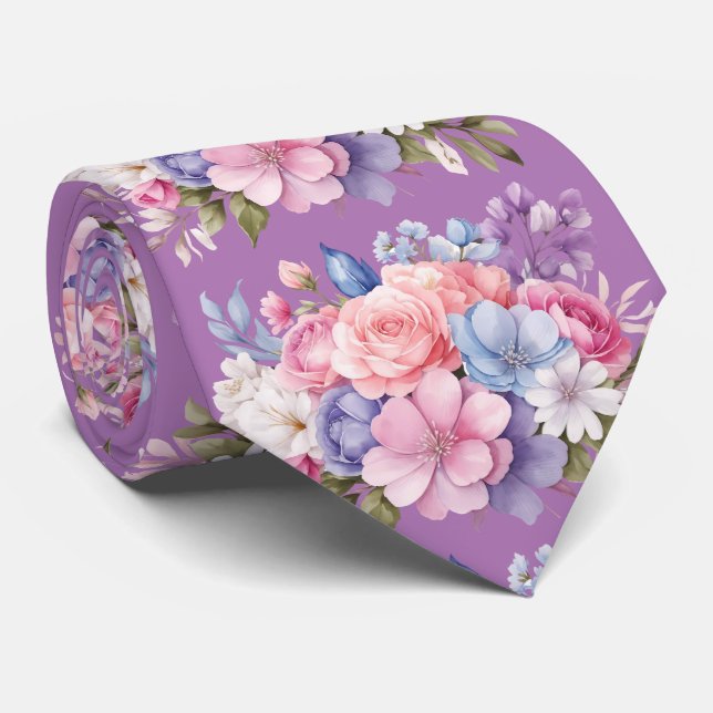Pink Lilac Watercolor Floral Pattern Tie (Rolled)