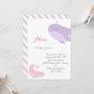Pink Lilac Whale Sea Fish 1st Birthday Party Invitation