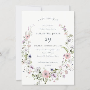 Pink Lilac Wildflower Wreath Baby Shower Invite