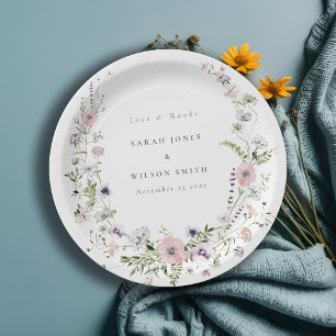 Pink Lilac Wildflower Wreath Wedding Thank You Paper Plate