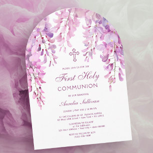 Pink Lilac Wisteria Arch First Communion Invitation