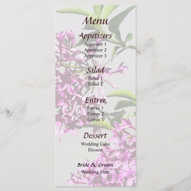 Pink Lilacs and Leaves Wedding Menu (Front)