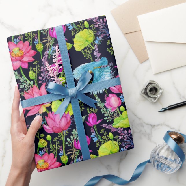 Pink Lilies  And Blue Birds Wrapping Paper (Gifting)