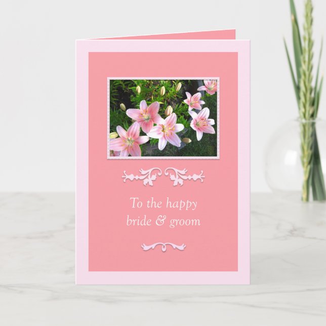 Pink Lilies Bride & Groom Wedding Card (Front)