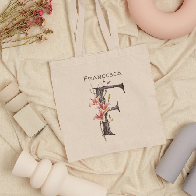 Pink Lilies Monogram Letter F Custom Name Tote Bag (Creator Uploaded)