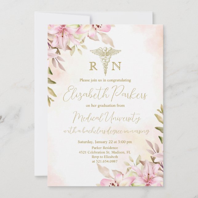 Pink Lilies Nursing Graduation Party Invitation (Front)