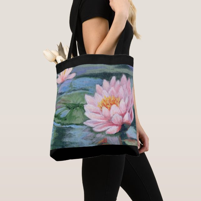 Pink Lilies on Blue Reflections Both Sides Tote Bag (Close Up)