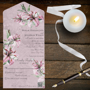 Pink Lilies on Distressed Mauve with QR Code All In One Invitation