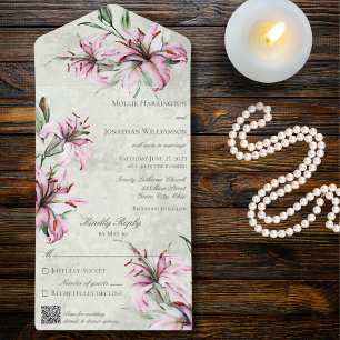 Pink Lilies on Distressed Sage Green QR Code All In One Invitation