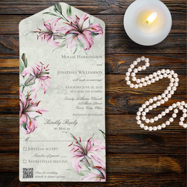 Pink Lilies on Distressed Sage Green QR Code All In One Invitation (Creator Uploaded)