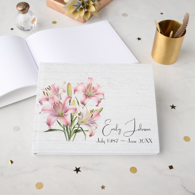 Pink Lilies On Whitewashed Wood  Guest Book (Front Open)