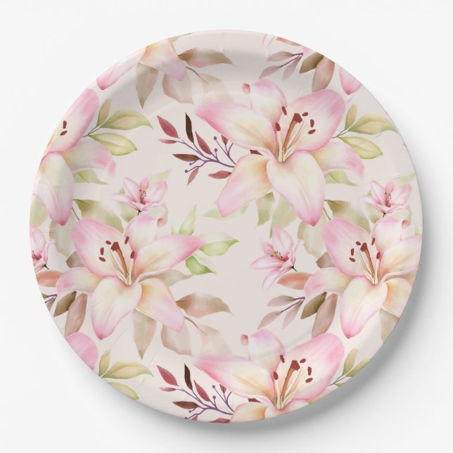 Pink Lilies Paper Plate (Front)