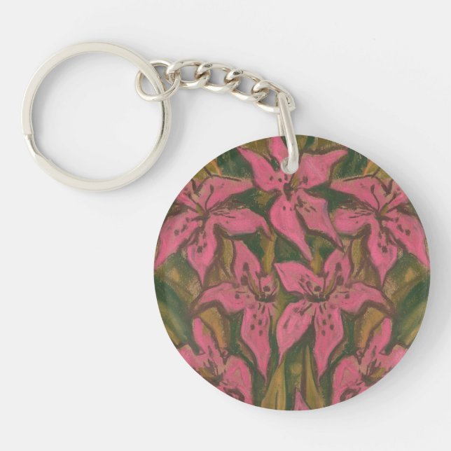 Pink Lilies, pastel painting, flowers, floral art Key Ring (Front)