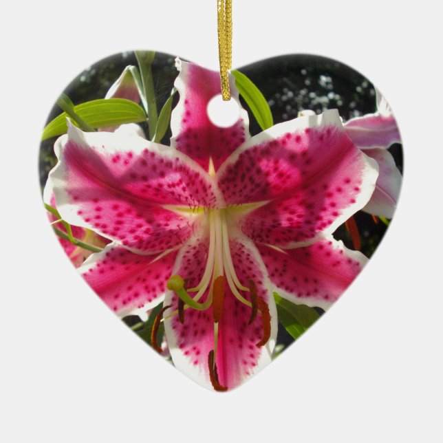 Pink lilies pink tropical flowers pink floral ceramic tree decoration (Front)