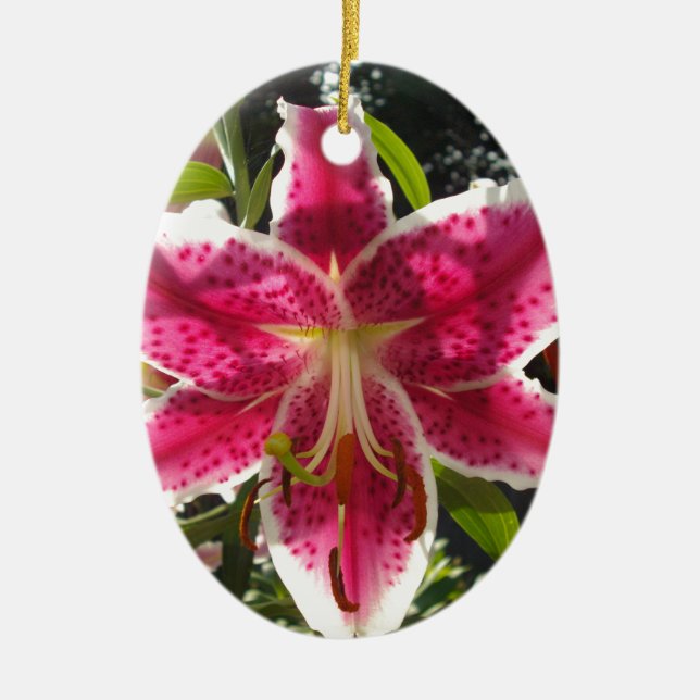 Pink lilies pink tropical flowers pink floral ceramic tree decoration (Front)