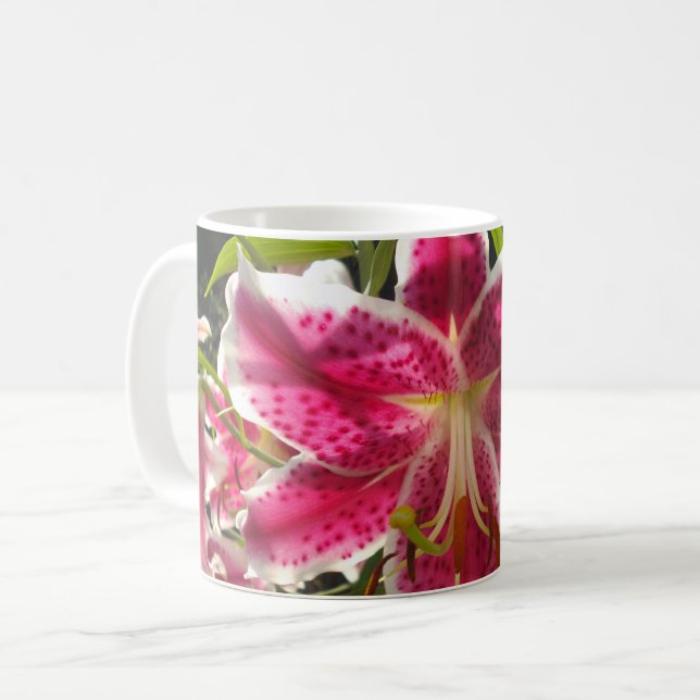Pink lilies pink tropical flowers pink floral coffee mug (Front Left)