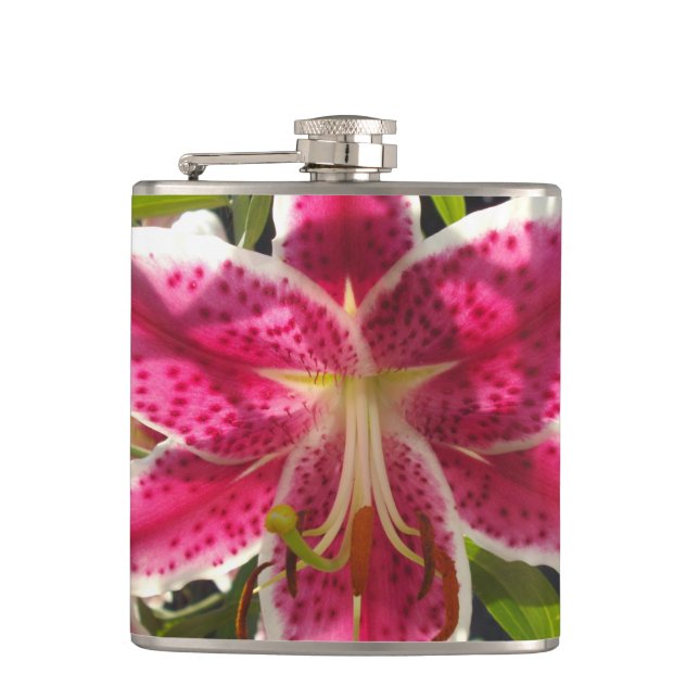 Pink lilies pink tropical flowers pink floral hip flask (Front)