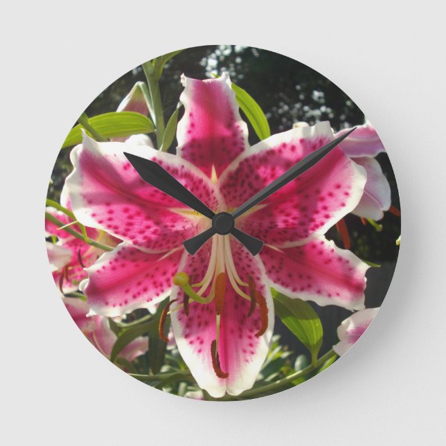 Pink lilies pink tropical flowers pink floral round clock (Front)