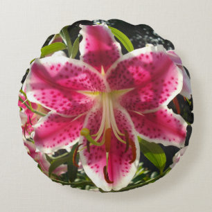Pink lilies pink tropical flowers pink floral round cushion