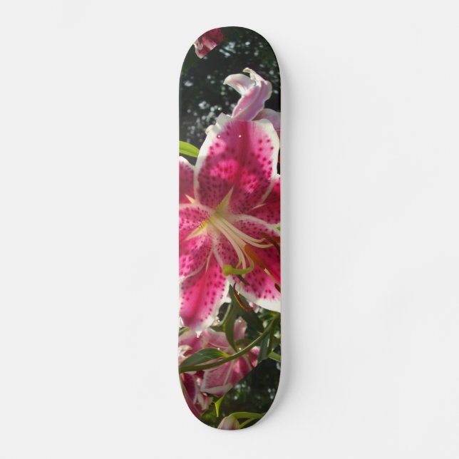 Pink lilies pink tropical flowers pink floral skateboard (Front)