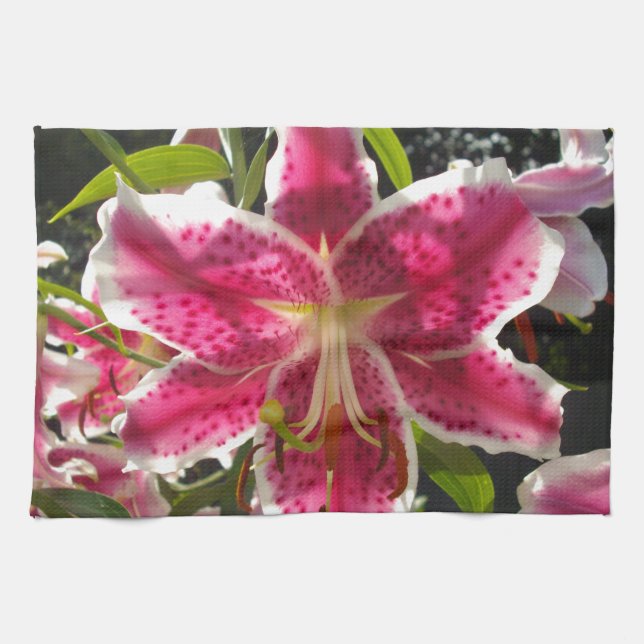 Pink lilies pink tropical flowers pink floral tea towel (Horizontal)