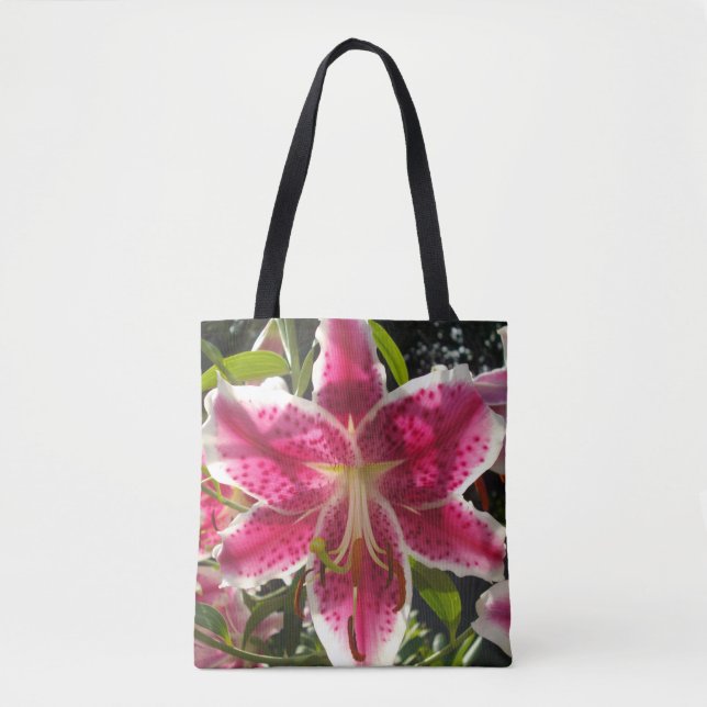 Pink lilies pink tropical flowers pink floral tote bag (Front)