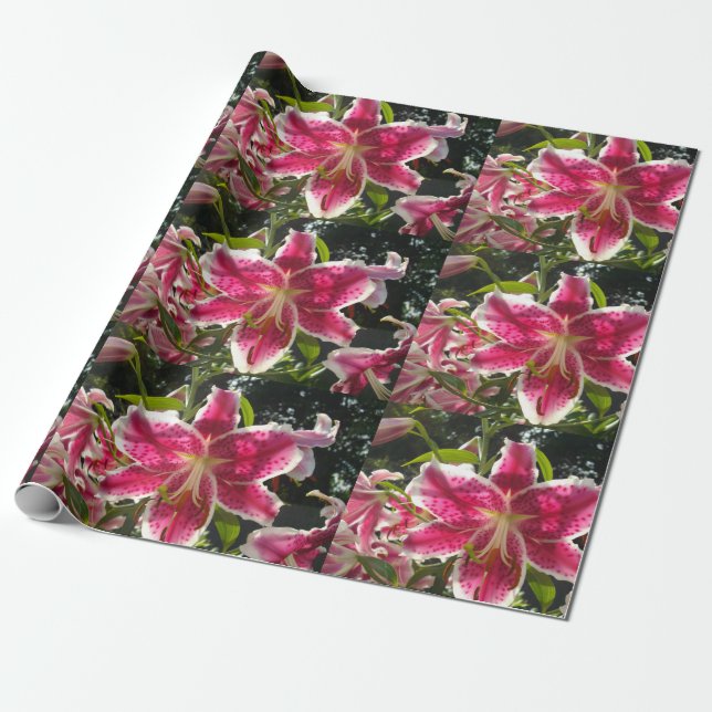Pink lilies pink tropical flowers pink floral wrapping paper (Unrolled)