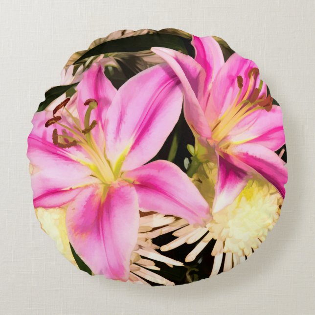 Pink Lilies Round Cushion (Front)