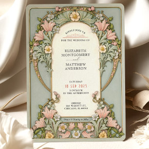 Pink Lilies Spring Art Nouveau Wedding Invitation