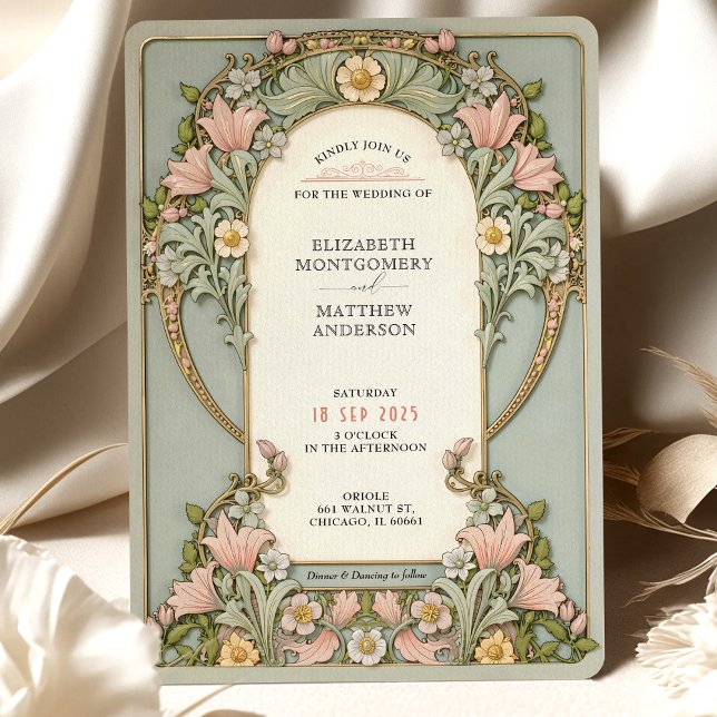 Pink Lilies Spring Art Nouveau Wedding Invitation (Creator Uploaded)