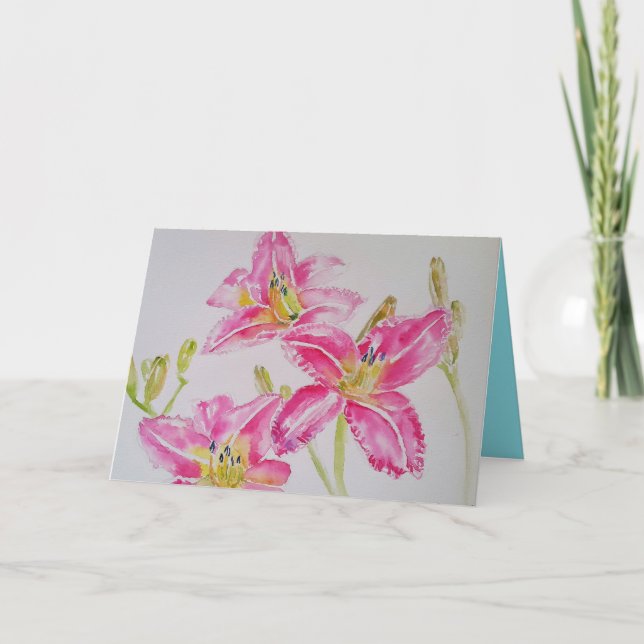 Pink Lilies Watercolour Birthday Card (Front)