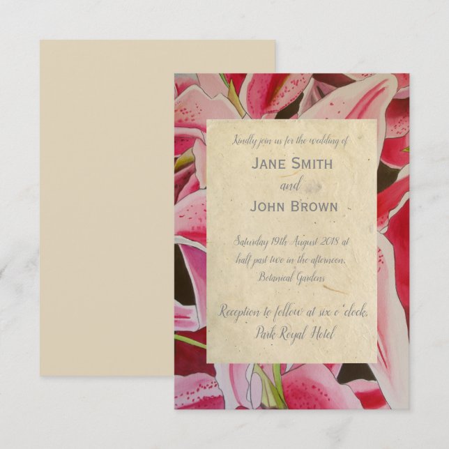 Pink lillies wedding  watercolour art rustic invitation (Front/Back)