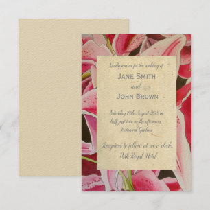 Pink lillies wedding watercolour art rustic invitation