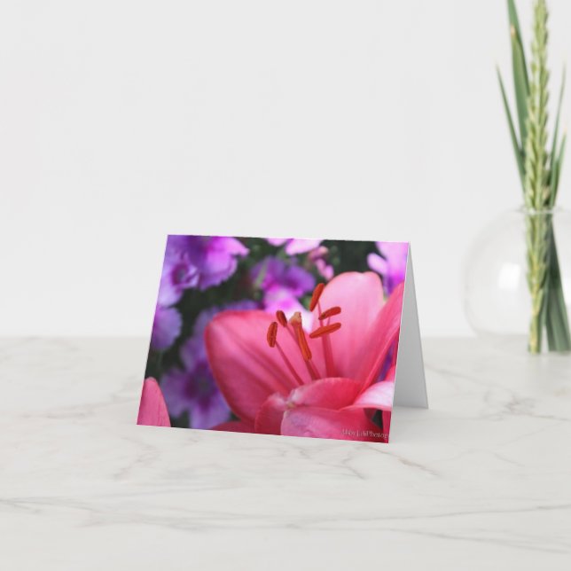 Pink Lilly and Purple Flowers Mothers Day  Holiday Card (Front)