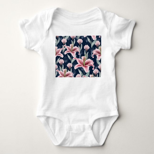 Pink Lilly Flower Seamless Pattern. Baby Bodysuit (Front)