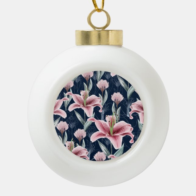 Pink Lilly Flower Seamless Pattern. Ceramic Ball Christmas Ornament (Front)