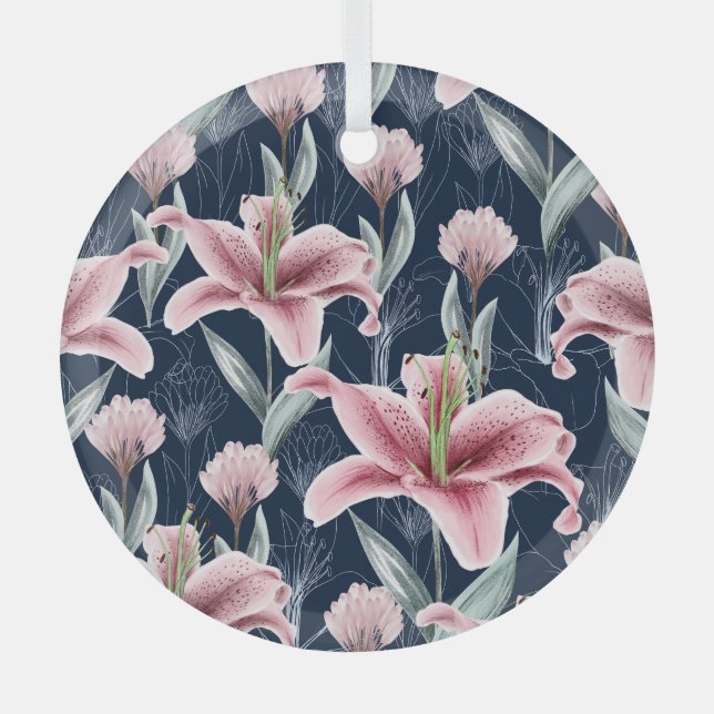 Pink Lilly Flower Seamless Pattern. Glass Tree Decoration (Front)
