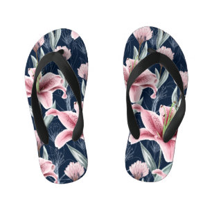 Pink Lilly Flower Seamless Pattern. Kid's Flip Flops