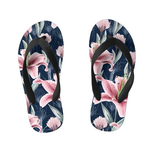 Pink Lilly Flower Seamless Pattern. Kid's Flip Flops (Footbed)
