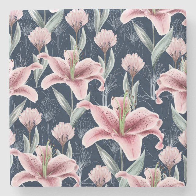 Pink Lilly Flower Seamless Pattern. Stone Coaster (Front)