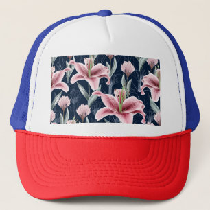 Pink Lilly Flower Seamless Pattern. Trucker Hat