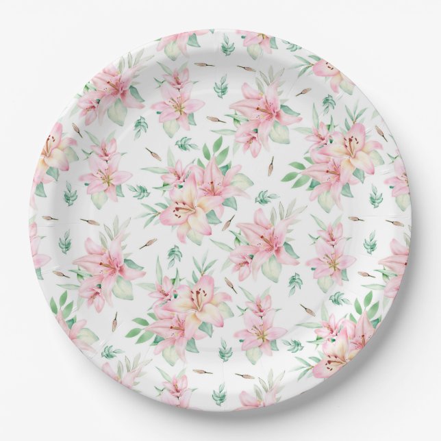 Pink Lilly Flowers Paper Plate (Front)