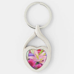 Pink lily and dahlia floral print keychain