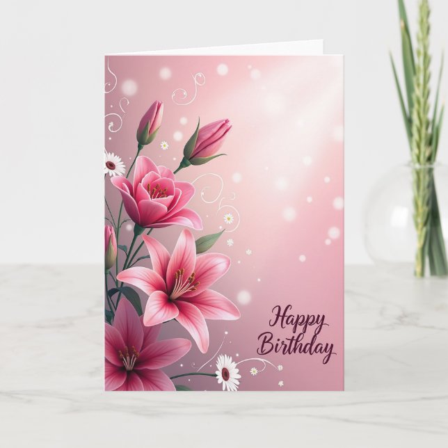 Pink Lily Bloom Birthday Card (Front)