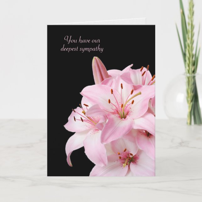Pink Lily Bouquet on Black Sympathy Card (Front)