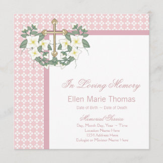 Pink Lily Cross In Loving Memory Memorial Invitation